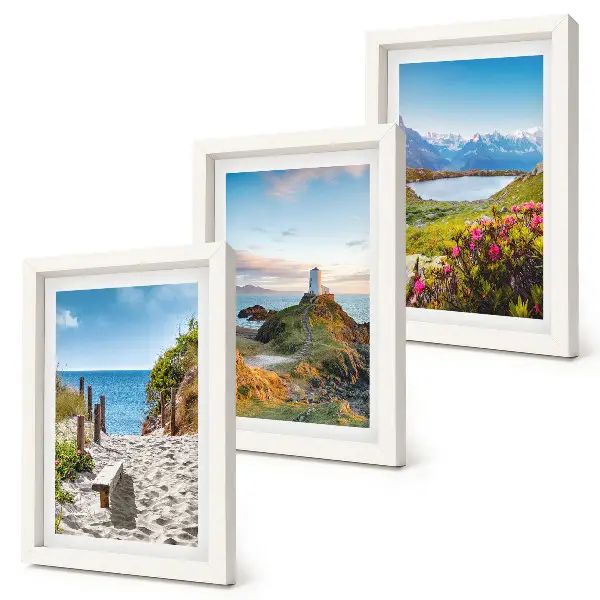 Conjunto de quadros com imagens vista da praia do farol com montanhas e flores