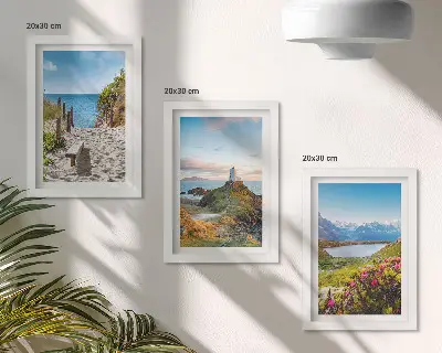 Conjunto de quadros com imagens vista da praia do farol com montanhas e flores