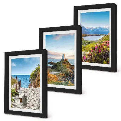 Conjunto de quadros com imagens vista da praia do farol com montanhas e flores