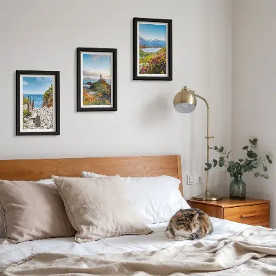 Conjunto de quadros com imagens vista da praia do farol com montanhas e flores
