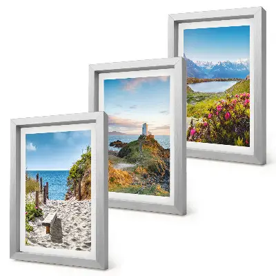 Conjunto de quadros com imagens vista da praia do farol com montanhas e flores