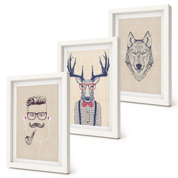 Conjunto de 3 quadros decorativos Retratos estilosos de animais e homens.