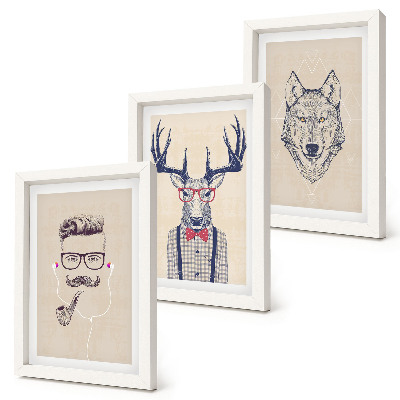 Conjunto de 3 quadros decorativos Retratos estilosos de animais e homens.