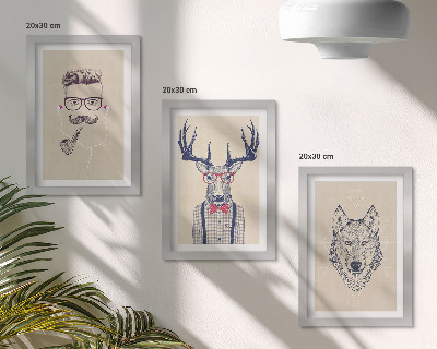 Conjunto de 3 quadros decorativos Retratos estilosos de animais e homens.