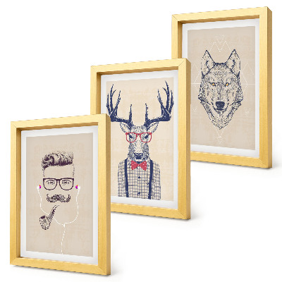 Conjunto de 3 quadros decorativos Retratos estilosos de animais e homens.