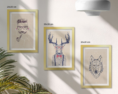 Conjunto de 3 quadros decorativos Retratos estilosos de animais e homens.
