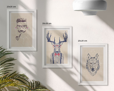 Conjunto de 3 quadros decorativos Retratos estilosos de animais e homens.