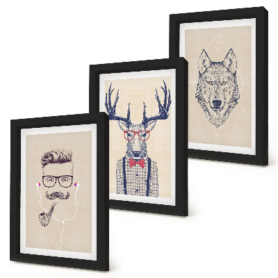 Conjunto de 3 quadros decorativos Retratos estilosos de animais e homens.