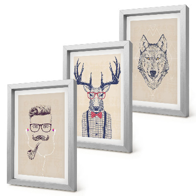Conjunto de 3 quadros decorativos Retratos estilosos de animais e homens.