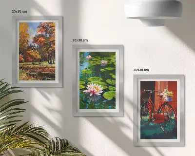 Conjunto de molduras com imagens cores de outono, lago de nenúfares e bicicleta no terraço