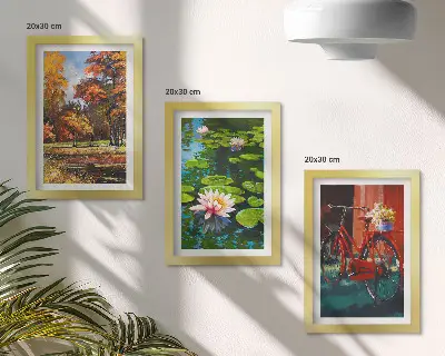 Conjunto de molduras com imagens cores de outono, lago de nenúfares e bicicleta no terraço