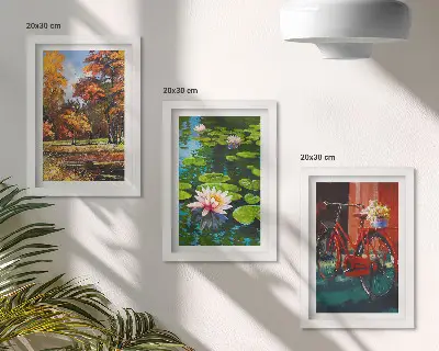 Conjunto de molduras com imagens cores de outono, lago de nenúfares e bicicleta no terraço