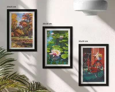Conjunto de molduras com imagens cores de outono, lago de nenúfares e bicicleta no terraço
