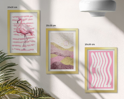 Tríptico com moldura Flamingos cor-de-rosa, paisagem montanhosa em tons pastel, letras relaxantes.