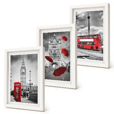 Conjunto de 3 quadros decorativos vista de Londres com guarda-chuva vermelho e ônibus