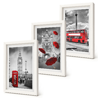 Conjunto de 3 quadros decorativos Vista de Londres com um guarda-chuva vermelho e um ônibus.