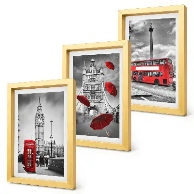 Conjunto de 3 quadros decorativos vista de Londres com guarda-chuva vermelho e ônibus