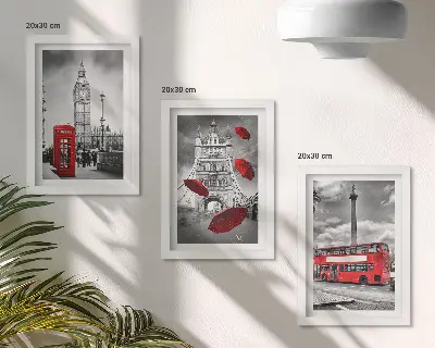 Conjunto de 3 quadros decorativos vista de Londres com guarda-chuva vermelho e ônibus