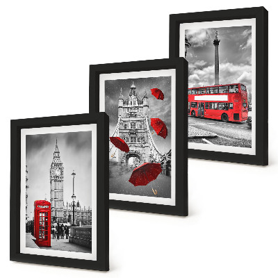 Conjunto de 3 quadros decorativos Vista de Londres com um guarda-chuva vermelho e um ônibus.