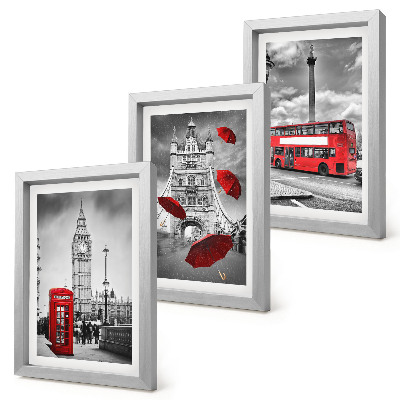 Conjunto de 3 quadros decorativos Vista de Londres com um guarda-chuva vermelho e um ônibus.