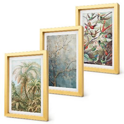 Conjunto de molduras com imagens Plantas tropicais e pássaros coloridos na natureza