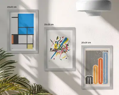 Conjunto de 3 quadros decorativos com composições abstratas modernas com formas geométricas