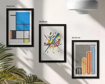 Conjunto de 3 quadros decorativos com composições abstratas modernas com formas geométricas