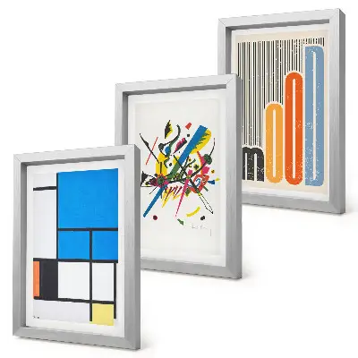 Conjunto de 3 quadros decorativos com composições abstratas modernas com formas geométricas