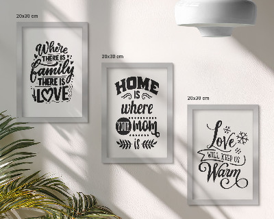 Tríptico com moldura Família, amor, lar, aconchego em slogans simples.
