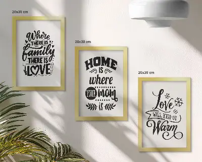 Tríptico com moldura com frases sobre família amor lar e aconchego