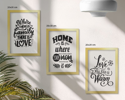 Tríptico com moldura Família, amor, lar, aconchego em slogans simples.