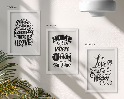 Tríptico com moldura Família, amor, lar, aconchego em slogans simples.
