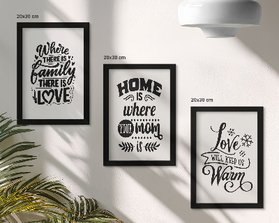 Tríptico com moldura Família, amor, lar, aconchego em slogans simples.