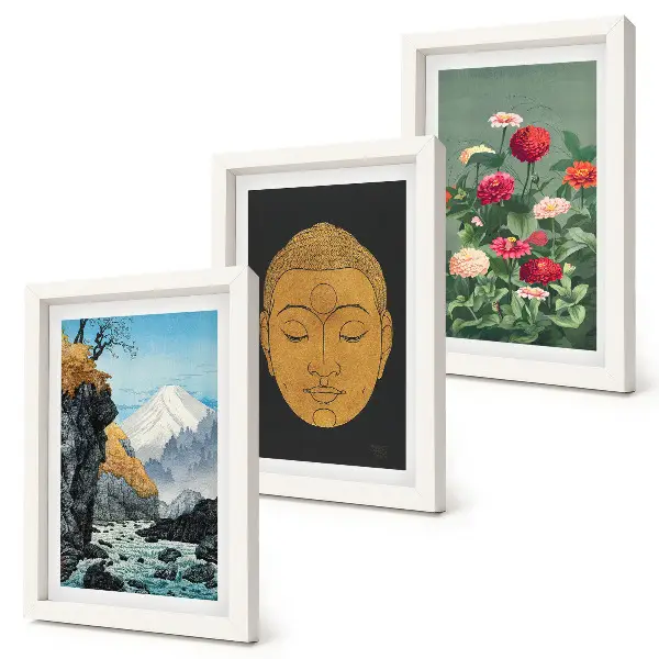 Conjunto de 3 quadros decorativos com temática de natureza e cultura japonesa