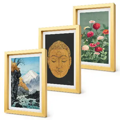 Conjunto de 3 quadros decorativos com temática de natureza e cultura japonesa