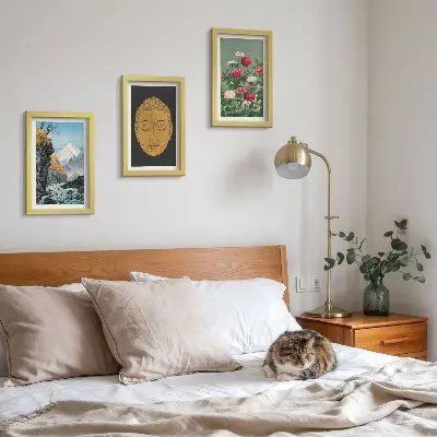 Conjunto de 3 quadros decorativos com temática de natureza e cultura japonesa
