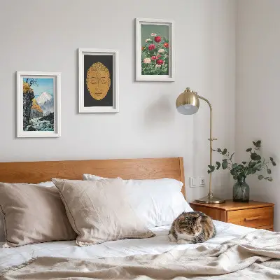 Conjunto de 3 quadros decorativos com temática de natureza e cultura japonesa