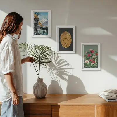 Conjunto de 3 quadros decorativos com temática de natureza e cultura japonesa