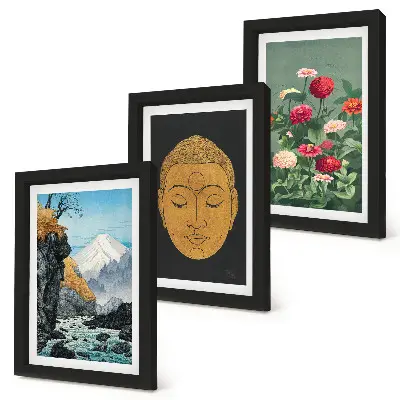 Conjunto de 3 quadros decorativos com temática de natureza e cultura japonesa