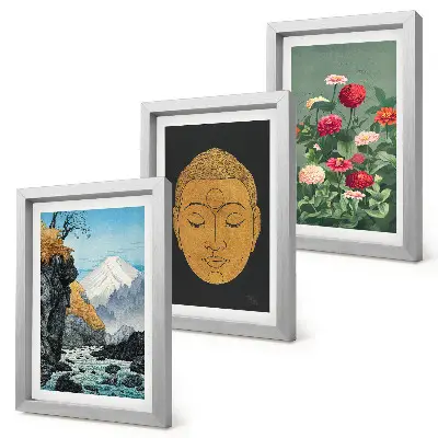 Conjunto de 3 quadros decorativos com temática de natureza e cultura japonesa