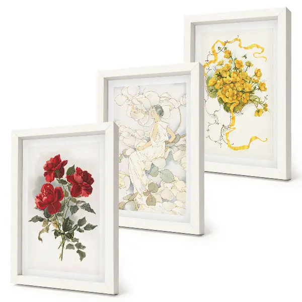 Conjunto de molduras com quadros rosas vermelhas, figura branca e flores amarelas em um vaso
