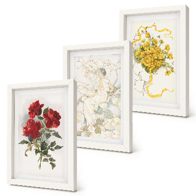 Conjunto de molduras com imagens Rosas vermelhas, figura branca, flores amarelas em um vaso