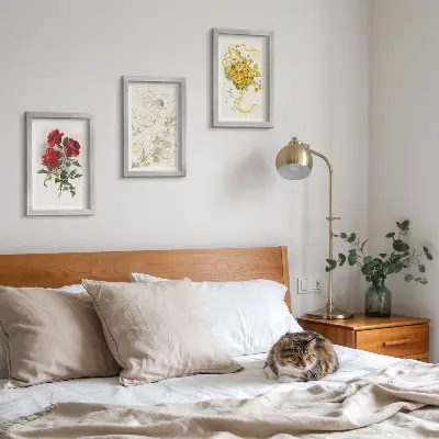 Conjunto de molduras com quadros rosas vermelhas, figura branca e flores amarelas em um vaso