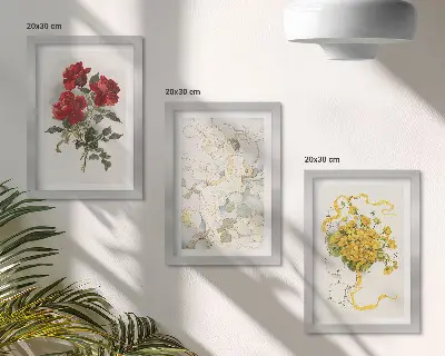 Conjunto de molduras com quadros rosas vermelhas, figura branca e flores amarelas em um vaso