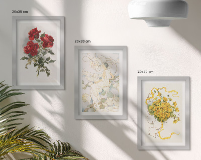 Conjunto de molduras com imagens Rosas vermelhas, figura branca, flores amarelas em um vaso