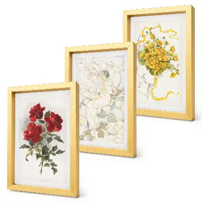 Conjunto de molduras com quadros rosas vermelhas, figura branca e flores amarelas em um vaso