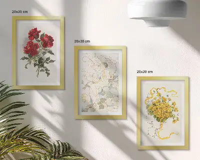 Conjunto de molduras com quadros rosas vermelhas, figura branca e flores amarelas em um vaso