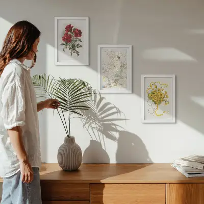 Conjunto de molduras com quadros rosas vermelhas, figura branca e flores amarelas em um vaso