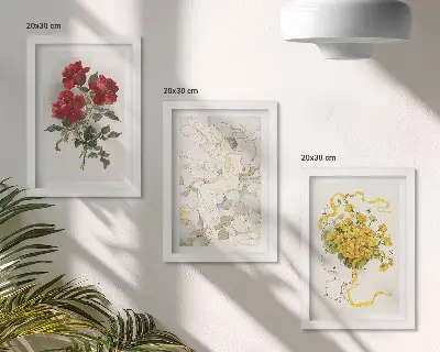 Conjunto de molduras com quadros rosas vermelhas, figura branca e flores amarelas em um vaso