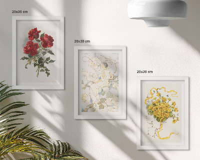 Conjunto de molduras com imagens Rosas vermelhas, figura branca, flores amarelas em um vaso